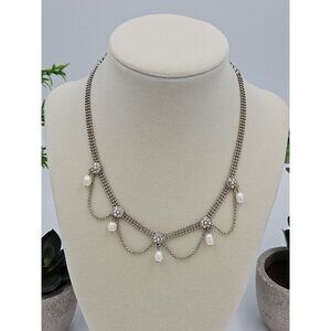 Delicate Silver Rhinestone Fresh‎ Water Pearl Choker Up To 14"